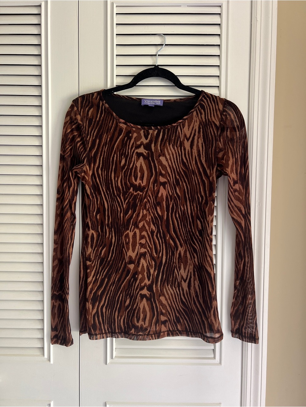 Vintage Vivienne Tam Brown Animal-Print Sheer Long Sleeve Top